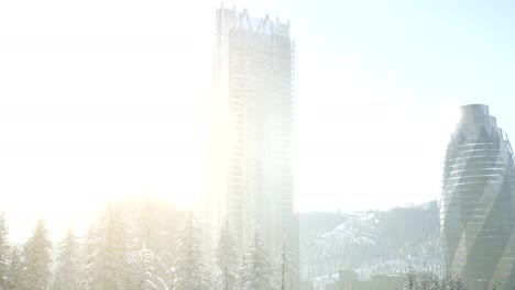 Stadt-Und-Wald-Im-Schnee-Bei-Sonnenaufgang